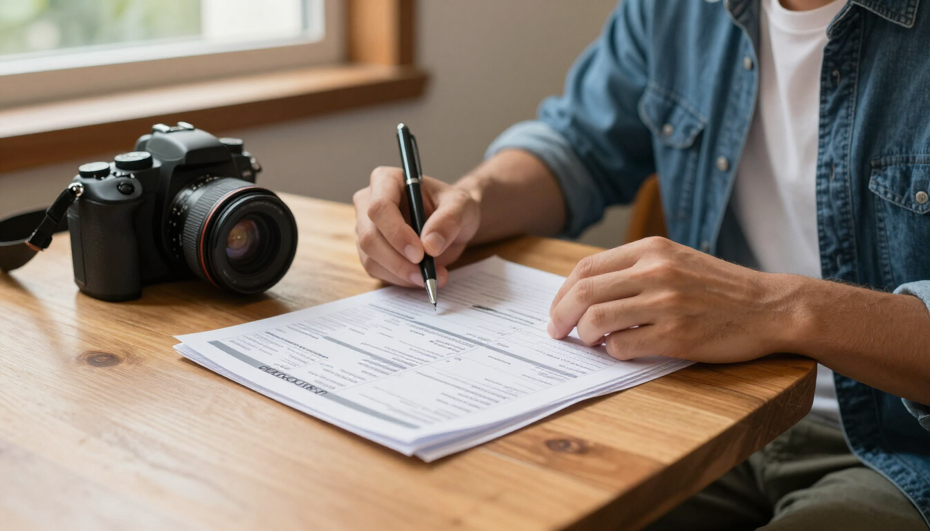Una persona escribe en un cuaderno junto a una cámara negra sobre una mesa de madera cerca de una ventana.