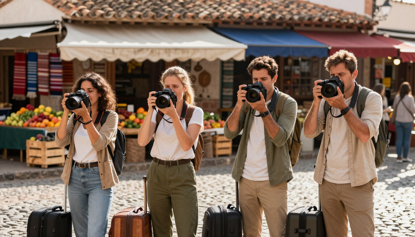 Cuatro personas tomándose fotos al aire libre frente a coloridos puestos de mercado.