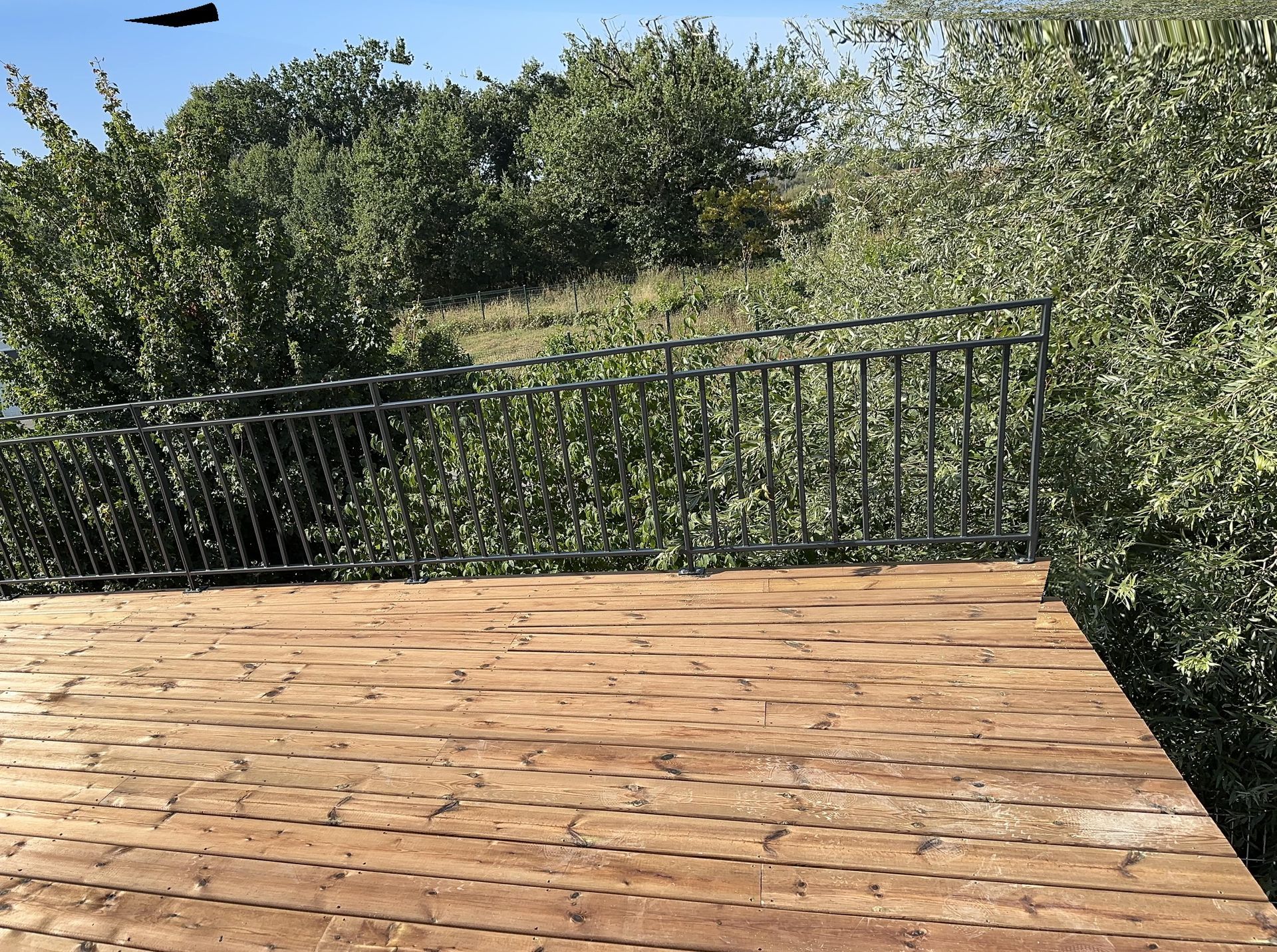 Une terrasse en bois avec une rambarde en métal sombre donnant sur une zone boisée verdoyante sous un ciel bleu azur.