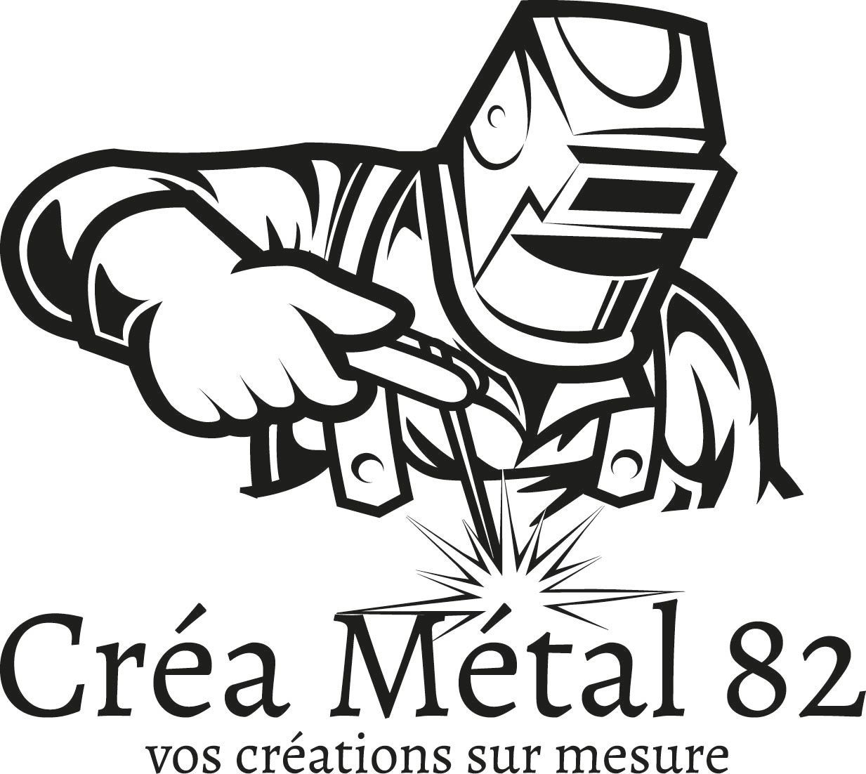 Welder with helmet and welding torch, sparks, text