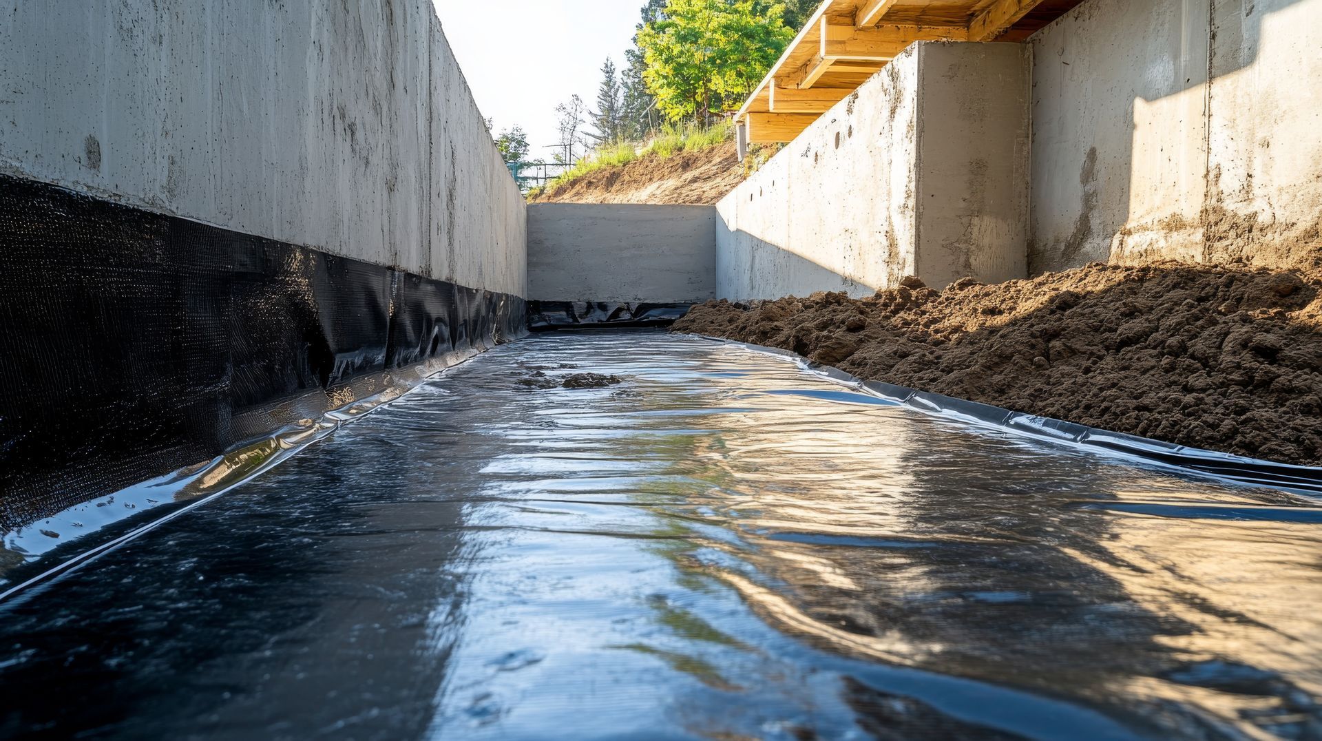 Membrane géotextile noire installée dans une excavation entre deux murs de béton avec terre.
