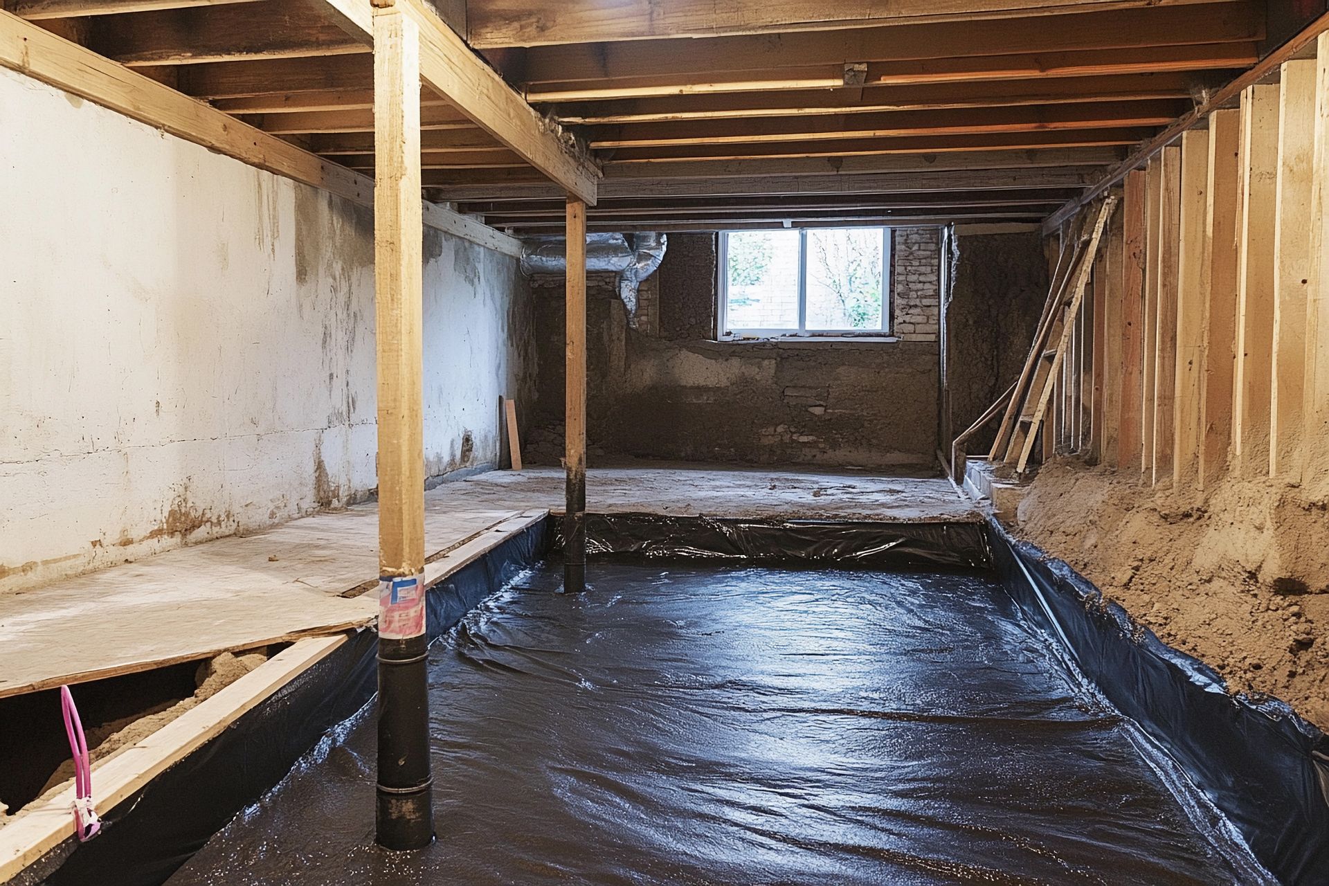 Sous-sol en rénovation avec membrane d'étanchéité noire et poutres en bois.