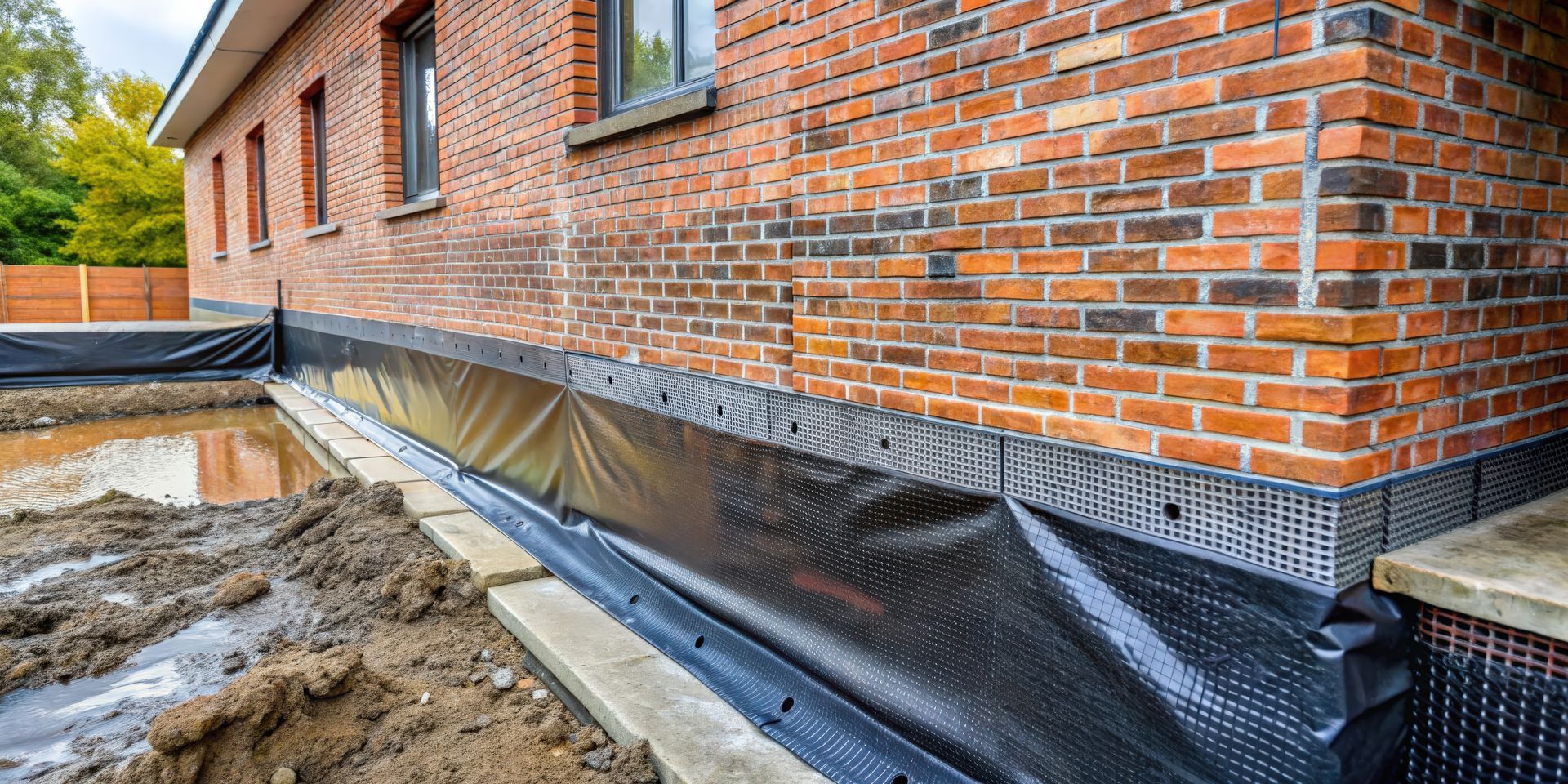 Membrane imperméable noire installée sur la fondation en brique d'une maison avec excavation.