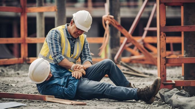 A construction worker is helping another construction worker who is laying on the ground.