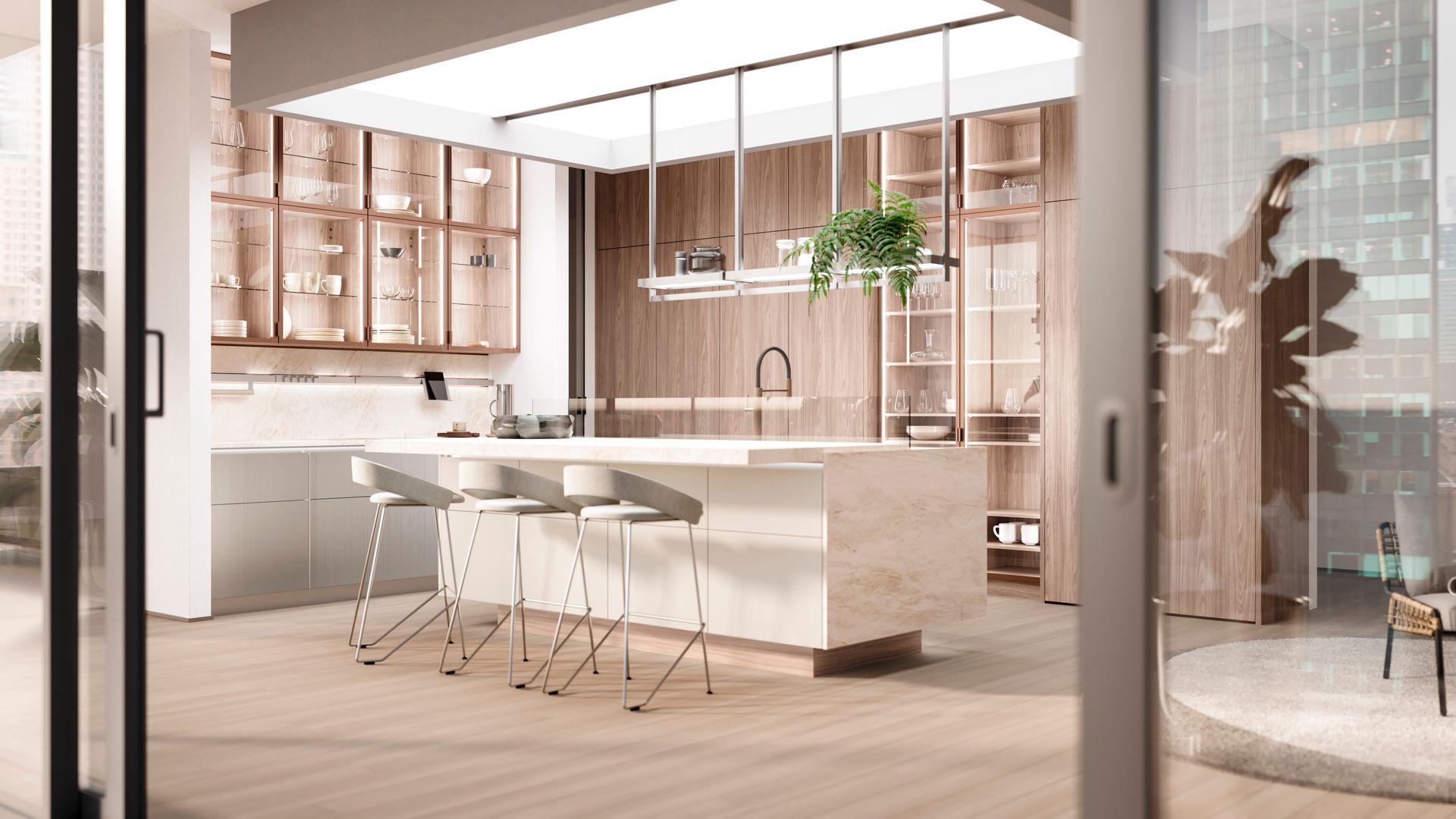 A kitchen with a large island and stools and a sliding glass door. modern kitchen cabinets charlotte, contemporary cabinets charlotte, mid-century cabinets charlotte, modern kitchen design charlotte, european cabinets charlotte, german cabinets charlotte, italian cabinets charlotte, high-end cabinets charlotte, modern kitchen design charlotte, contemporary kitchen design charlotte, high-end kitchen design charlotte, modern kitchen cabinet showroom charlotte, modern cabinets greenville, modern kitchen design greenville, high-end kitchen design greenville, modern kitchen showroom greenville, best kitchen cabinets charlotte