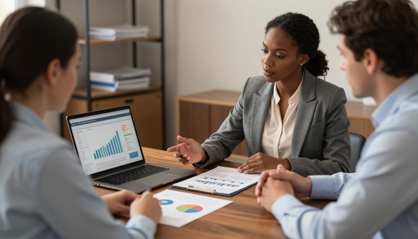 Property manager and owner reviewing rental financial performance