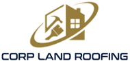 Logotipo para Corp Land Roofing: una silueta de una casa con herramientas, rodeada por un símbolo swoosh; texto azul oscuro debajo.