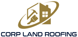 Logotipo para Corp Land Roofing: una silueta de una casa con herramientas, rodeada por un símbolo swoosh; texto azul oscuro debajo.