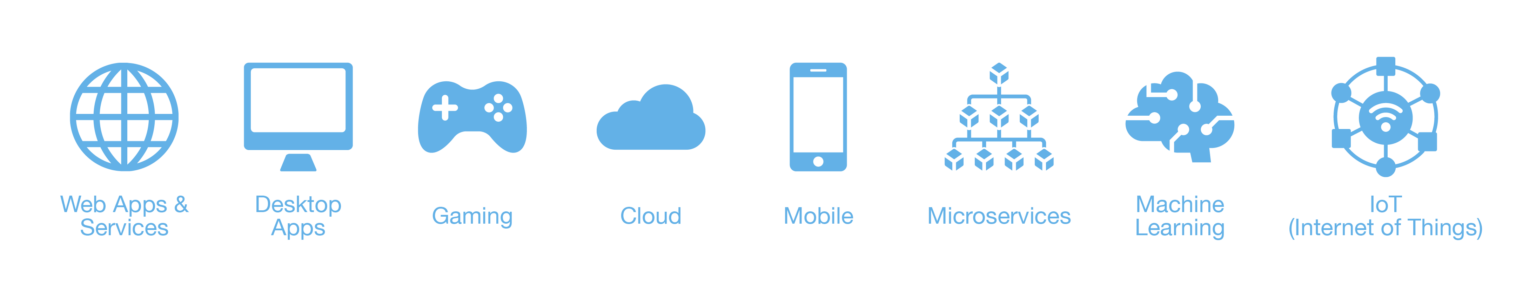 A row of blue icons on a white background.
