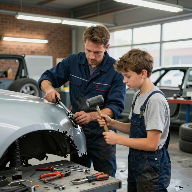 Man and boy working on a car in a garage, the boy holding a hammer.