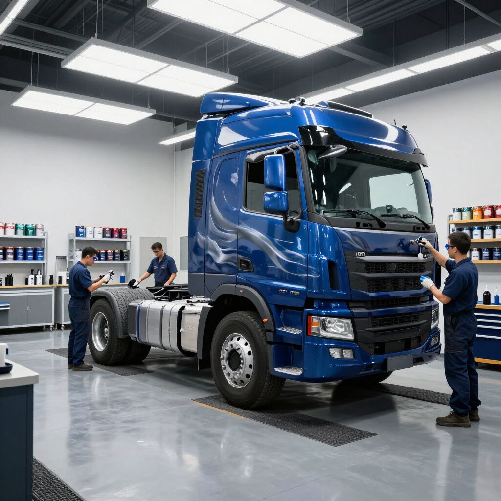 Three mechanics working on a blue semi-truck in a bright garage.