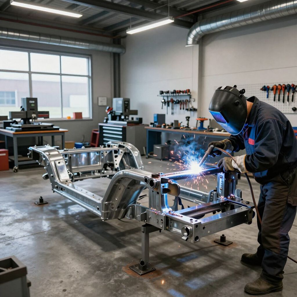 Welder in a workshop using a welding torch on a vehicle frame, creating sparks.