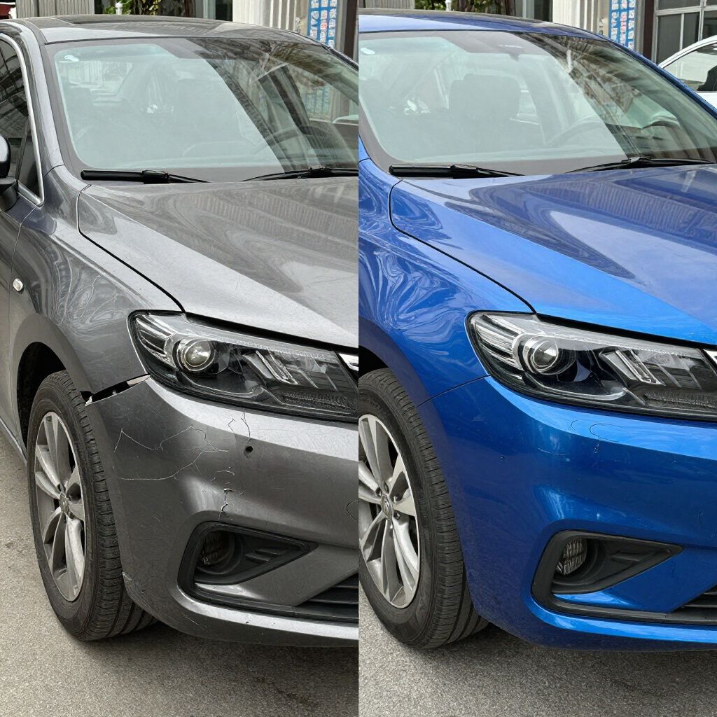 Side-by-side comparison of a gray and blue car, focusing on their front ends.