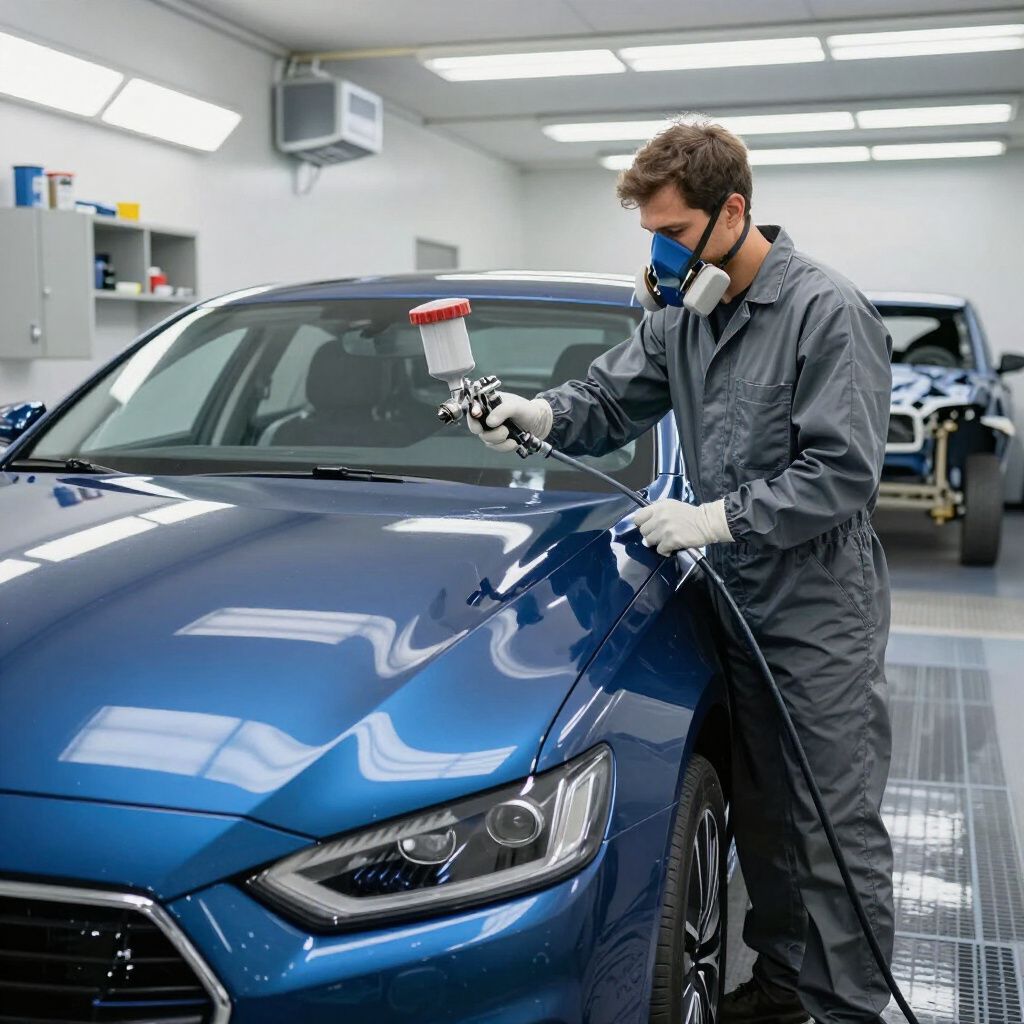 A person in a respirator paints a blue car in a paint booth.