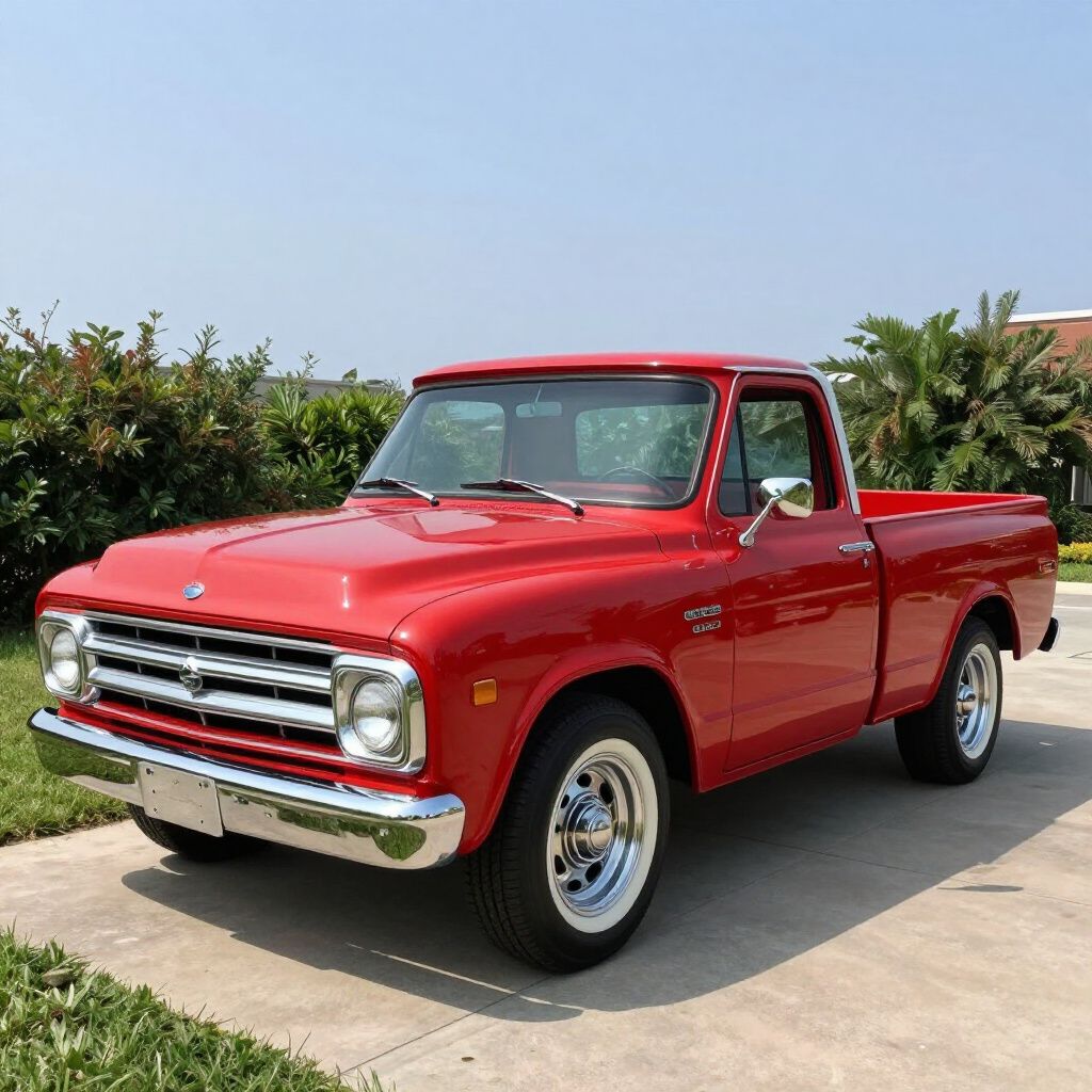 Red vintage pickup truck parked on a concrete driveway with greenery in the background.