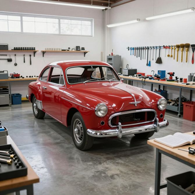 Red vintage car parked inside a workshop with tools and workbenches.