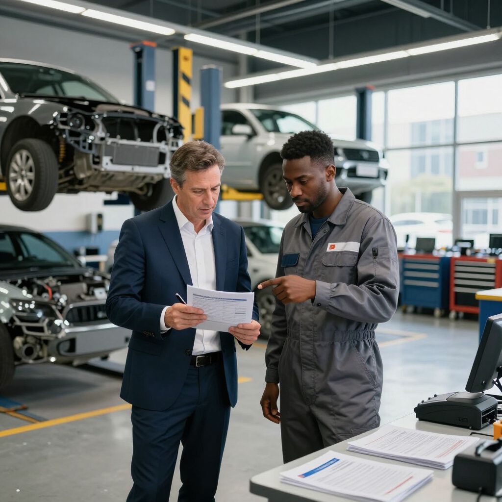 Man in suit reviews documents with mechanic in a garage; cars are being worked on.