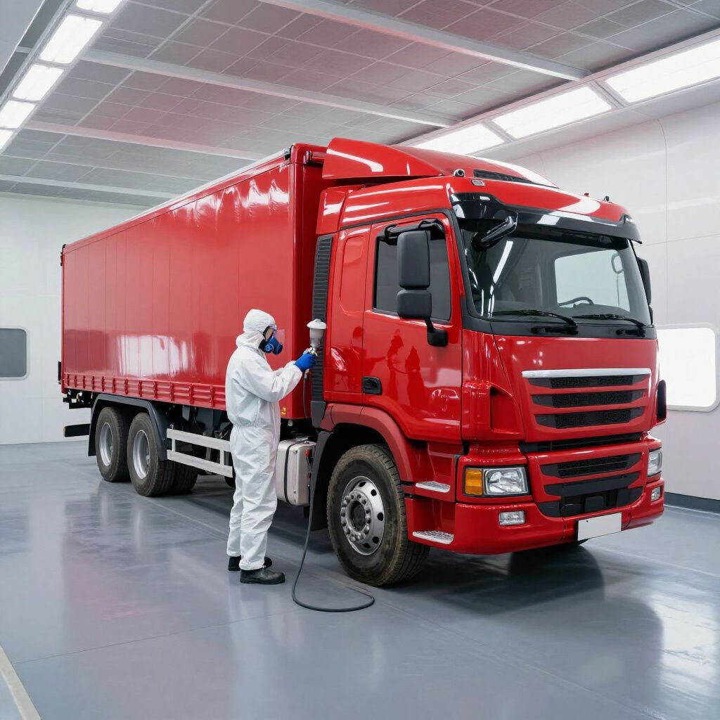Person in protective suit spraying a red semi-truck in a brightly lit industrial setting.