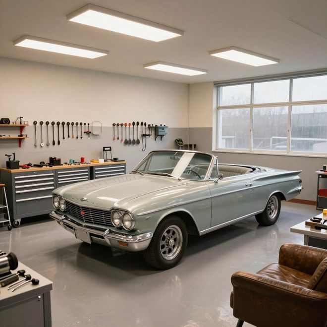 Silver convertible in a well-lit garage with tools and seating.
