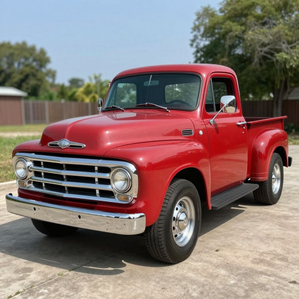Red vintage pickup truck parked on concrete.