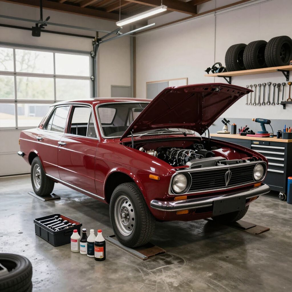 Maroon car with open hood in a garage, tools and supplies on the floor; tire rack in background.