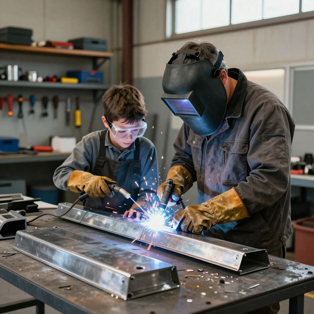 Man and child welding metal in a workshop, sparks flying.