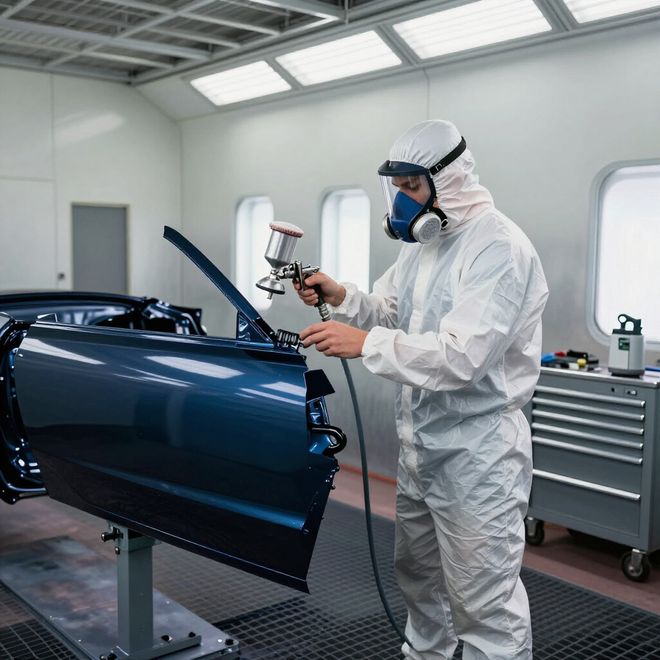 Person in protective suit painting a car door in a paint booth.