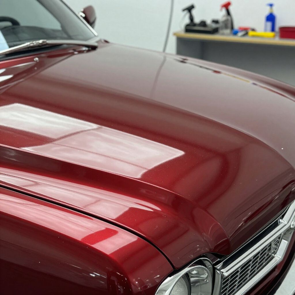 Red classic car hood with bright reflections, in a garage.