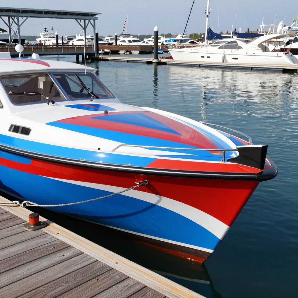 Colorful motorboat docked in a marina, blue water, yachts in the background, sunny day.
