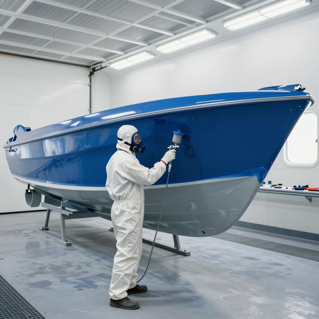 Person in protective suit painting a blue boat in a workshop.