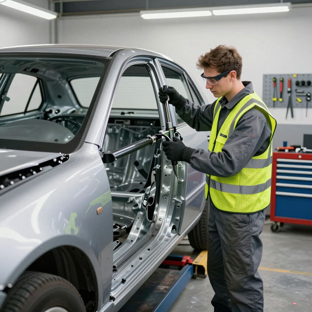 Mechanic working on a car frame in a workshop, wearing safety glasses and a yellow vest.