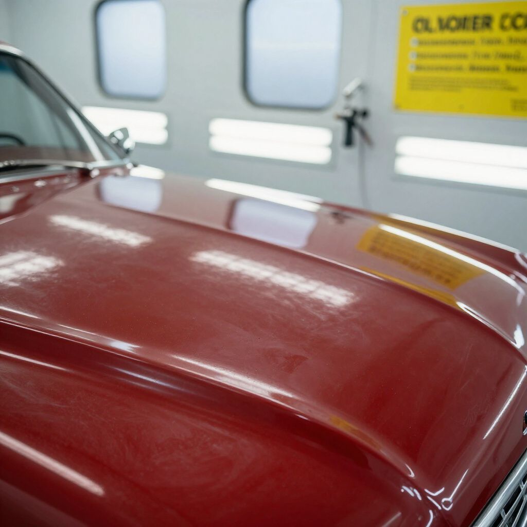 Red classic car hood reflecting overhead lights in a workshop.