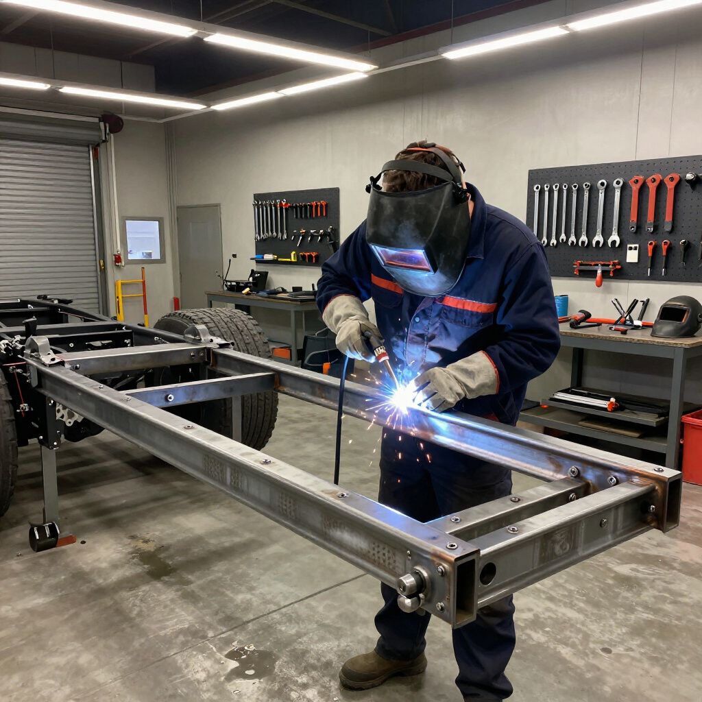 A person welding a metal frame in a workshop, sparks flying.