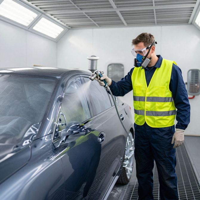 Person in protective gear spray-painting a car in a paint booth.