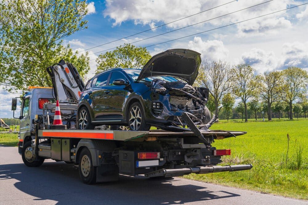 Wrecked Blue Car Loaded Onto a Tow Truck on a Sunny Roadside — Aura Towing Service in Nirimba, QLD 