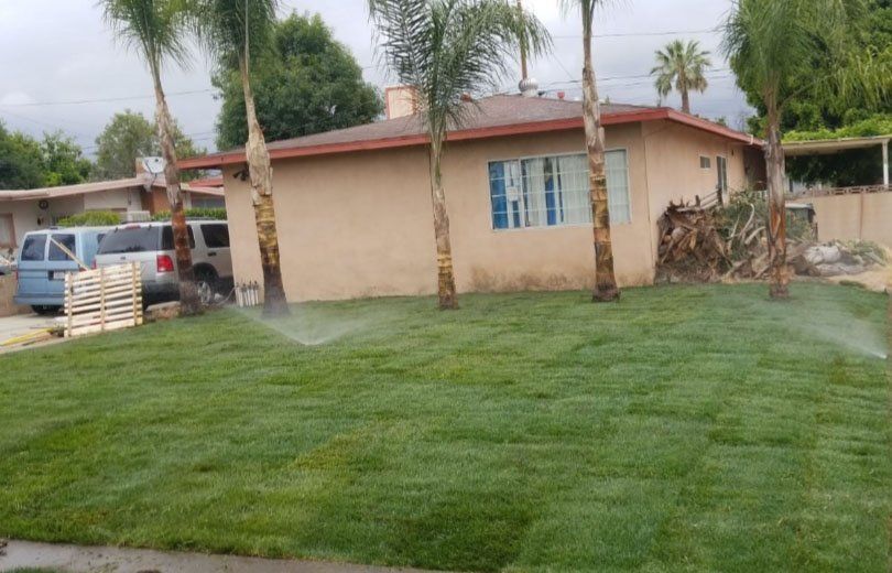 A sprinkler is spraying water on a lush green lawn in front of a house