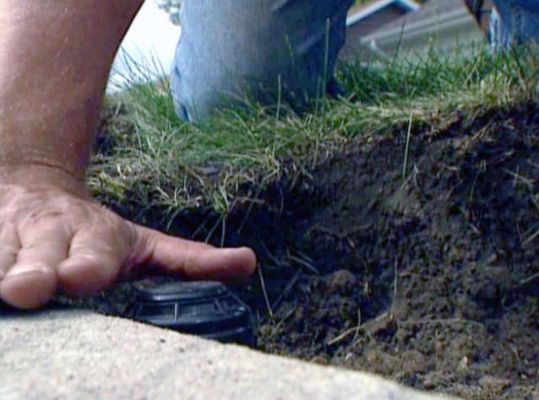 A person is kneeling down in the dirt and pointing at a hole in the ground