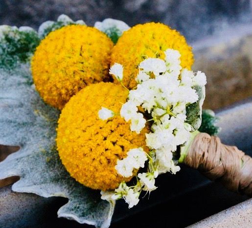 Yellow flowers and white blooms arranged on a rustic gray leaf background