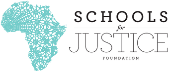 Schools for Justice Foundation logo with turquoise Africa silhouette and black text on white background