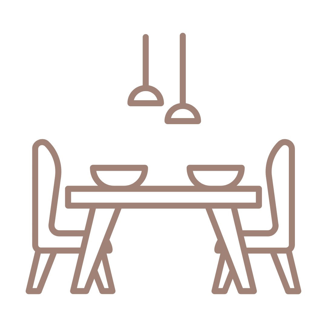 Un disegno a tratteggio di un tavolo da pranzo e delle sedie.