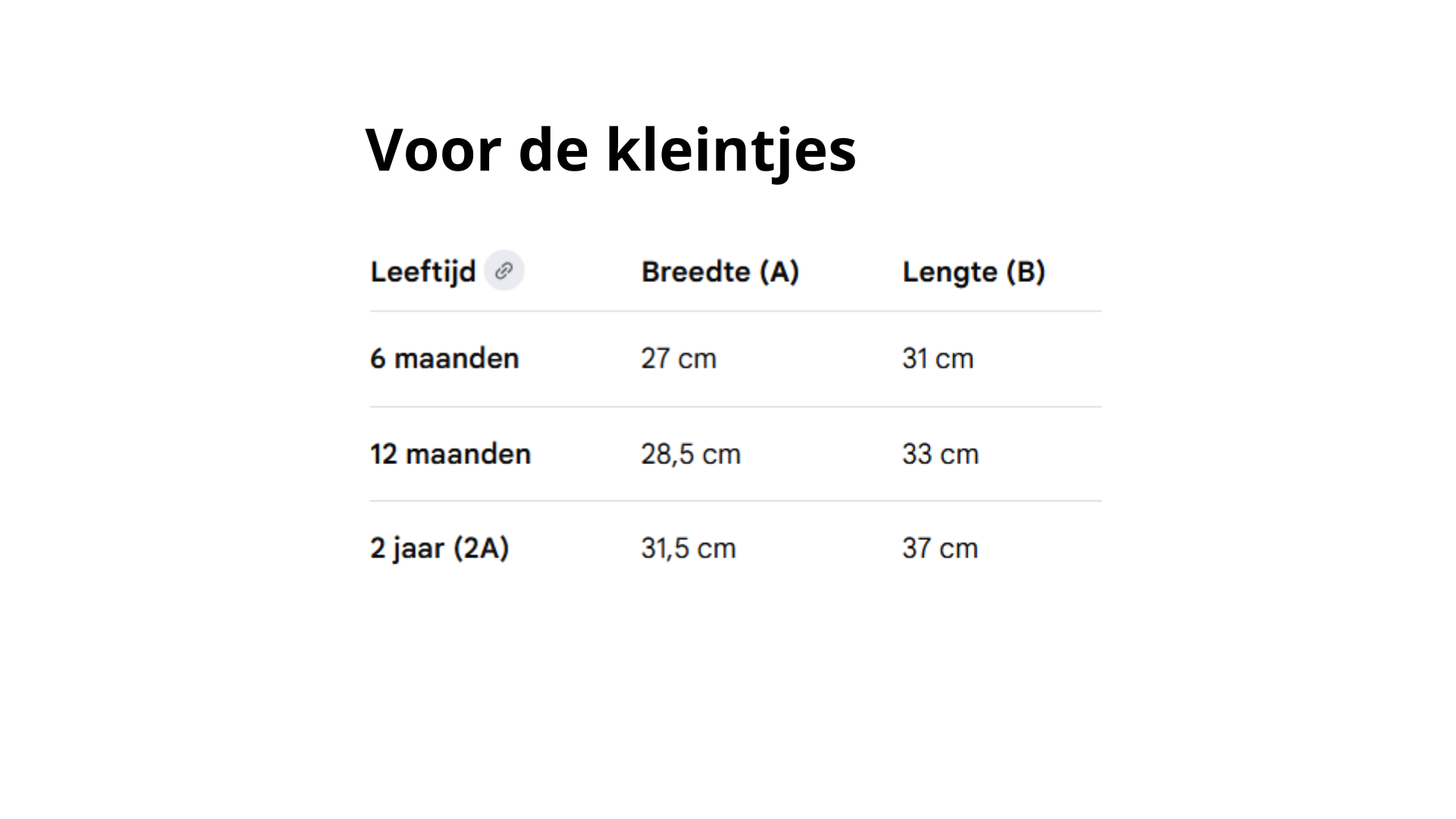 Maattabel voor de kleintjes