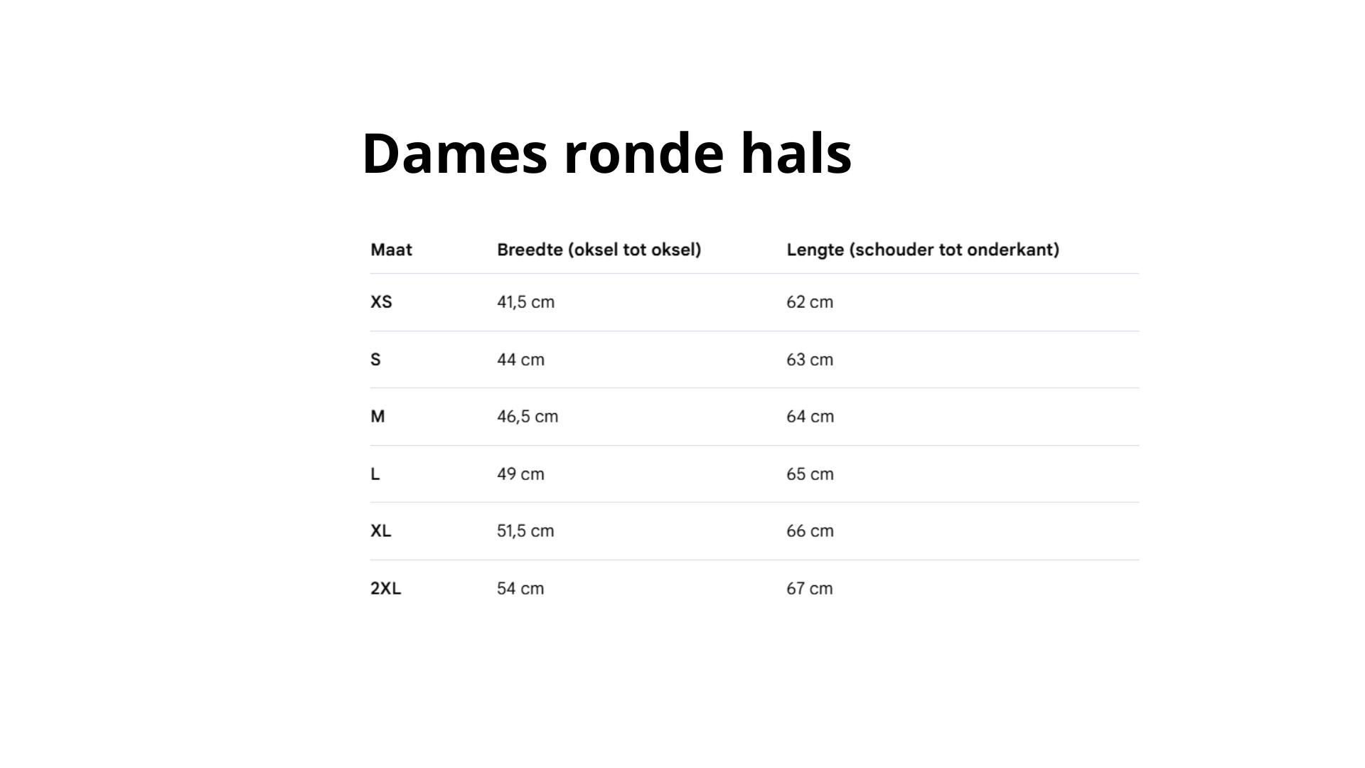 Maattabel dames T-shirts