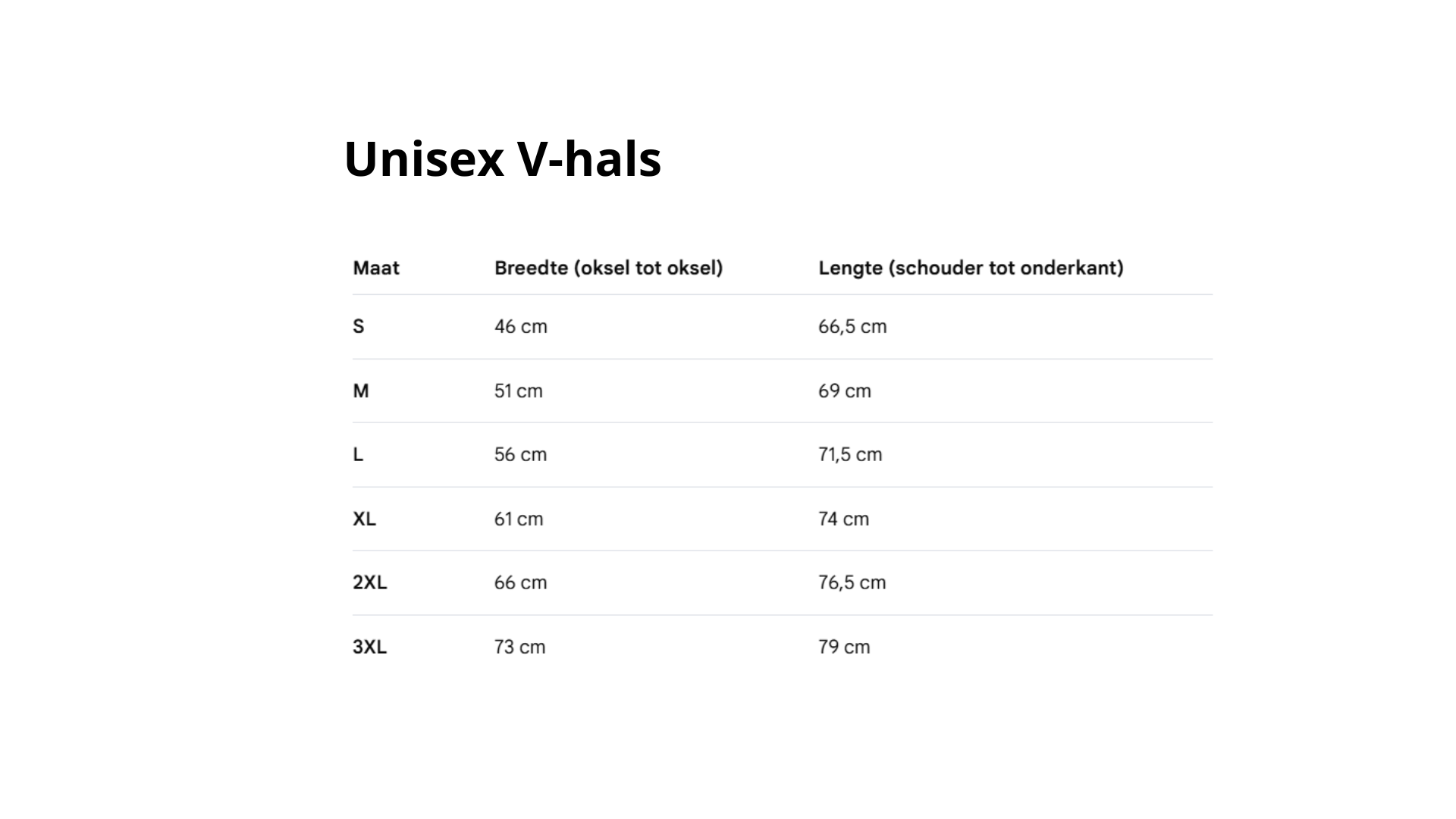 Maattabel V hals Unisex
