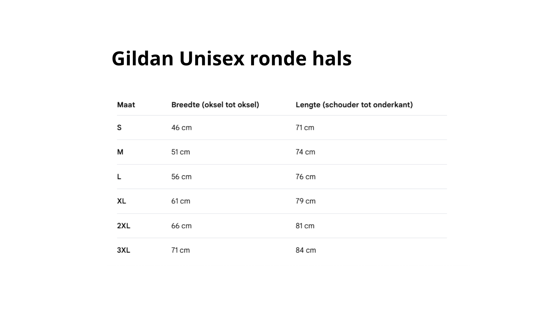 Maattabel Unisex