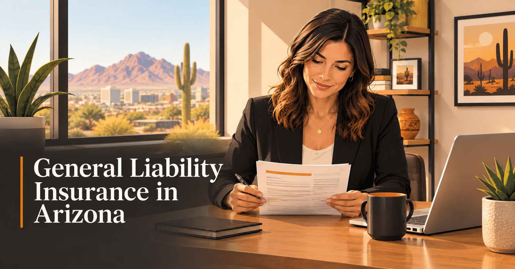 Arizona small business owner reviewing a general liability insurance policy at a modern office desk