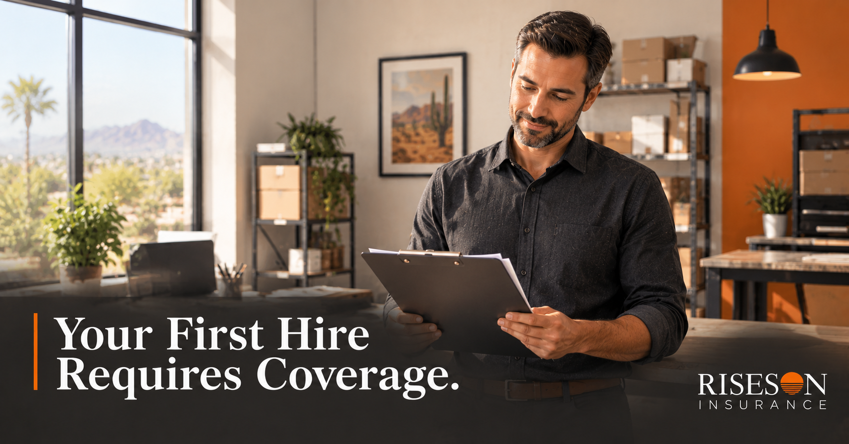 Arizona small business owner reviewing workers' compensation insurance policy documents in a profess