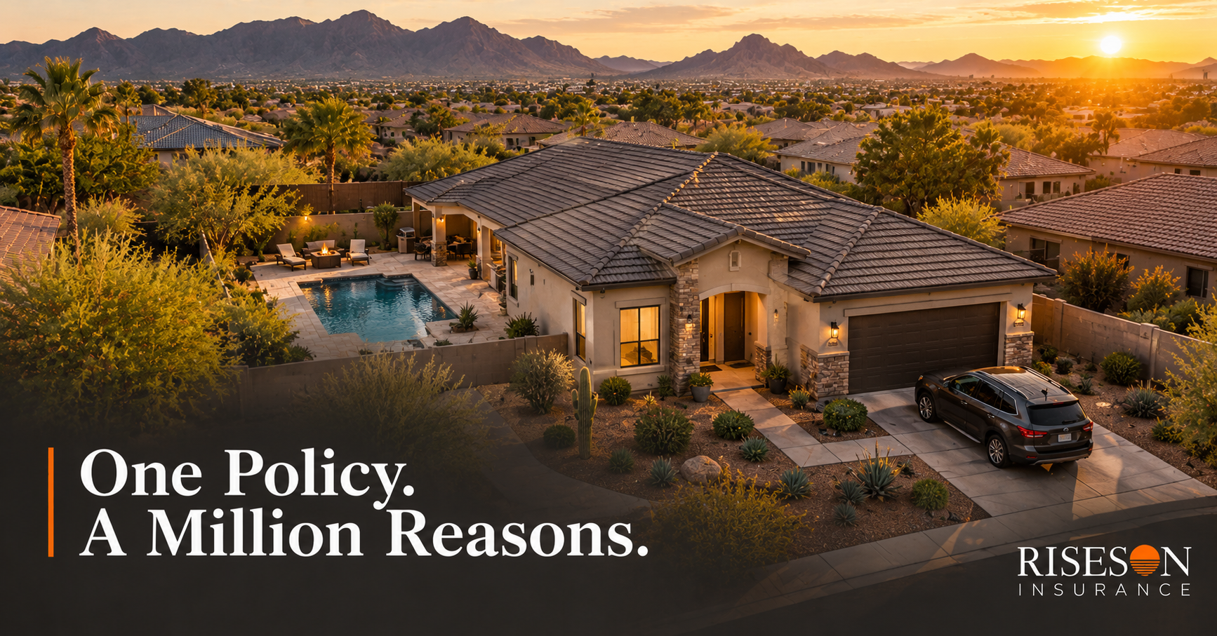 Arizona home with backyard pool and car in driveway illustrating umbrella insurance coverage for Pho