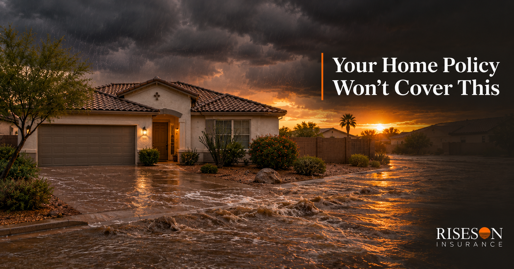 Phoenix-area home surrounded by monsoon flash flood water, illustrating why flood insurance in Arizo