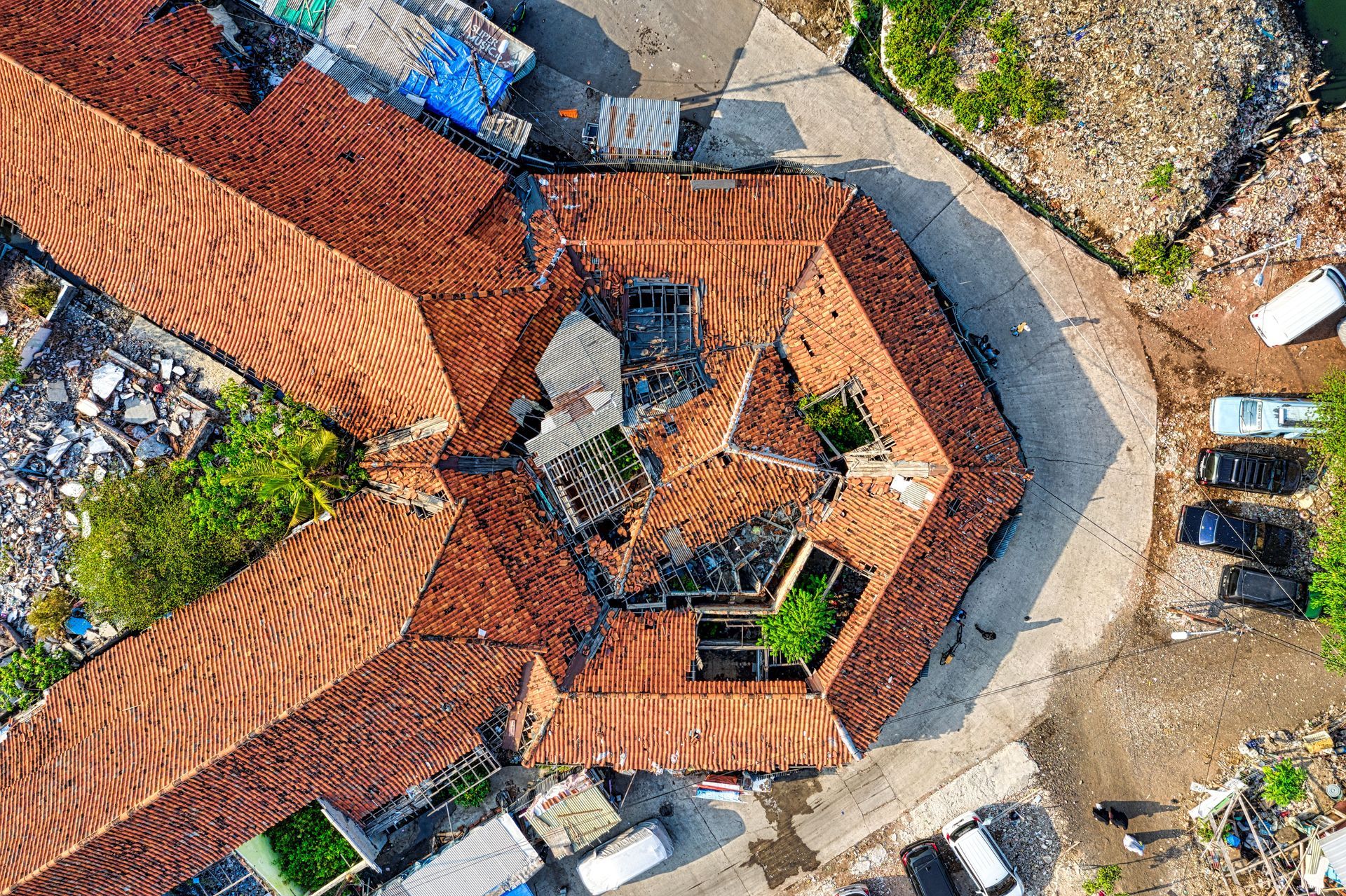 Aerial view of Arizona tile roof homes vulnerable to monsoon wind and hail damage