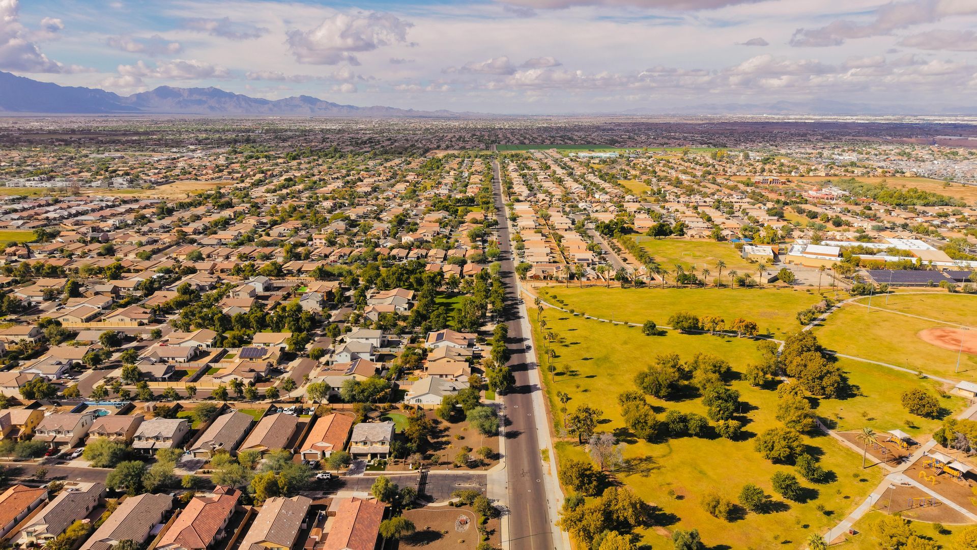 Aerial view of a Gilbert AZ residential neighborhood showing typical East Valley homes that need solid home insurance